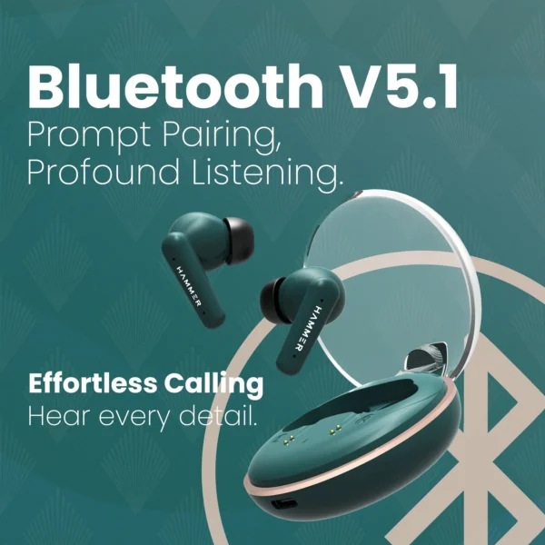 Hammer Airflow Plus TWS Earbuds with Bluetooth 5.1 and Smart Touch Control (Emerald Green) - Image 9