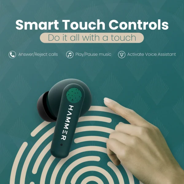 Hammer Airflow Plus TWS Earbuds with Bluetooth 5.1 and Smart Touch Control (Emerald Green) - Image 6